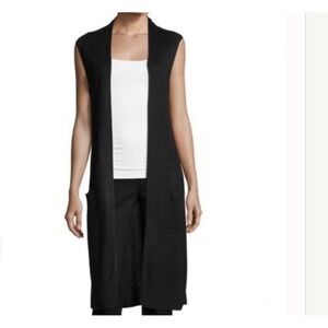 Joan Vass Sleeveless Vest Long Cardigan Black Sz 2X Pockets Minimalist Excellent